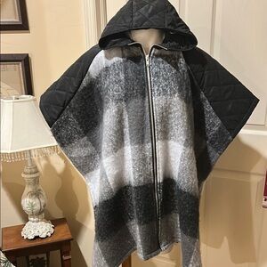 Plaid Zip Black and Gray Hooded Poncho L/XL